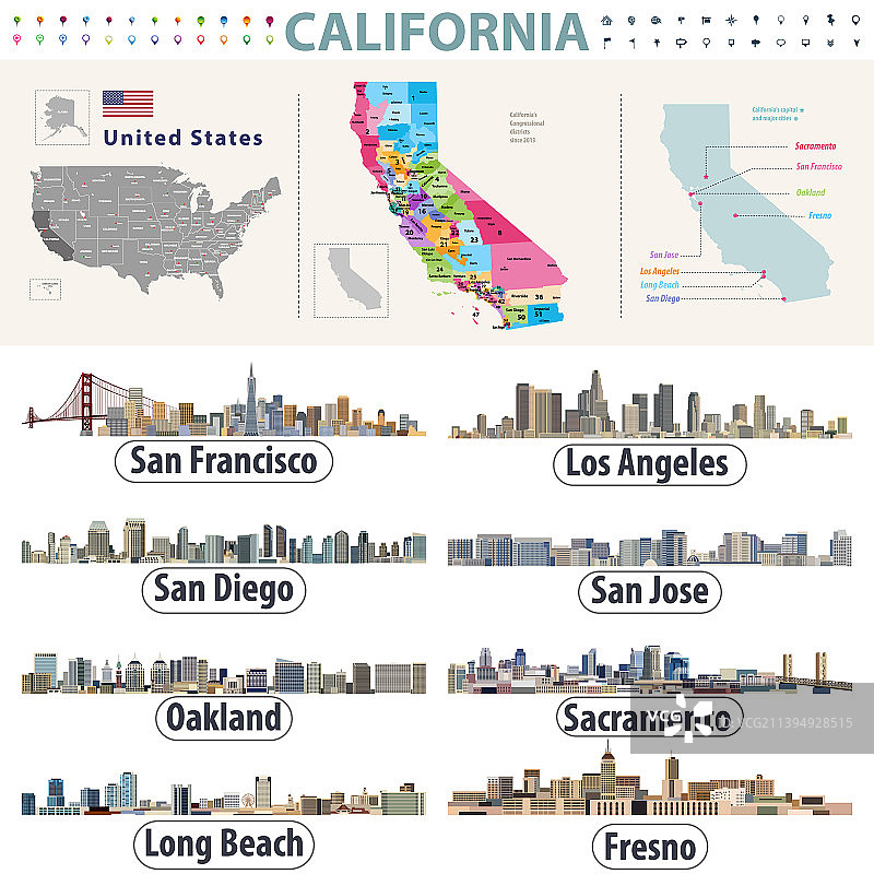 显示县区划分的加利福尼亚州高精度地图图片素材