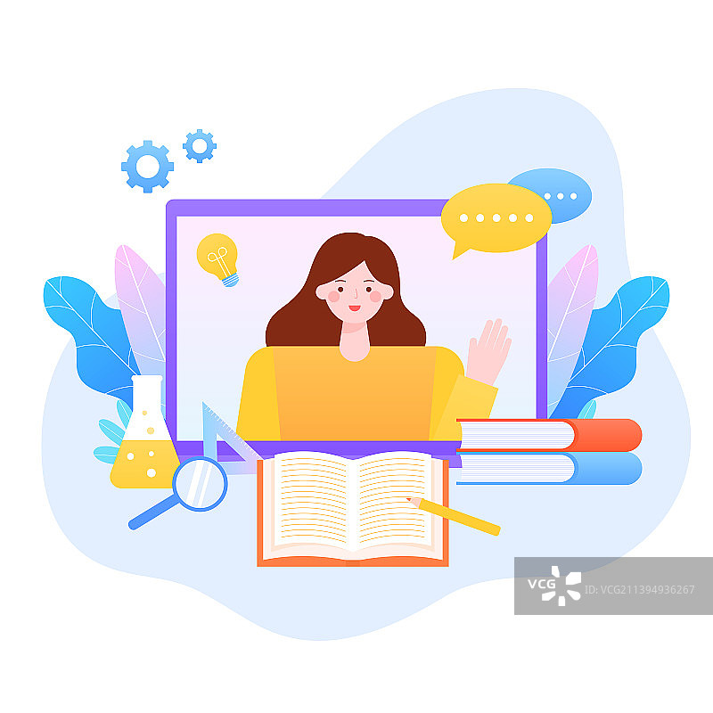老师在线视频知识教育扁平矢量插画图片素材