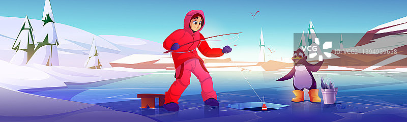 男子与企鹅冰钓banner图片素材