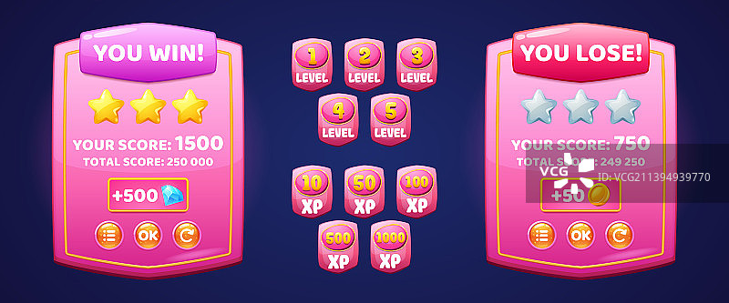 输赢关卡的粉色游戏板徽章图片素材