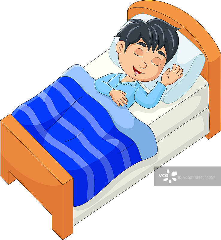 卡通微笑小男孩在床上睡觉图片素材