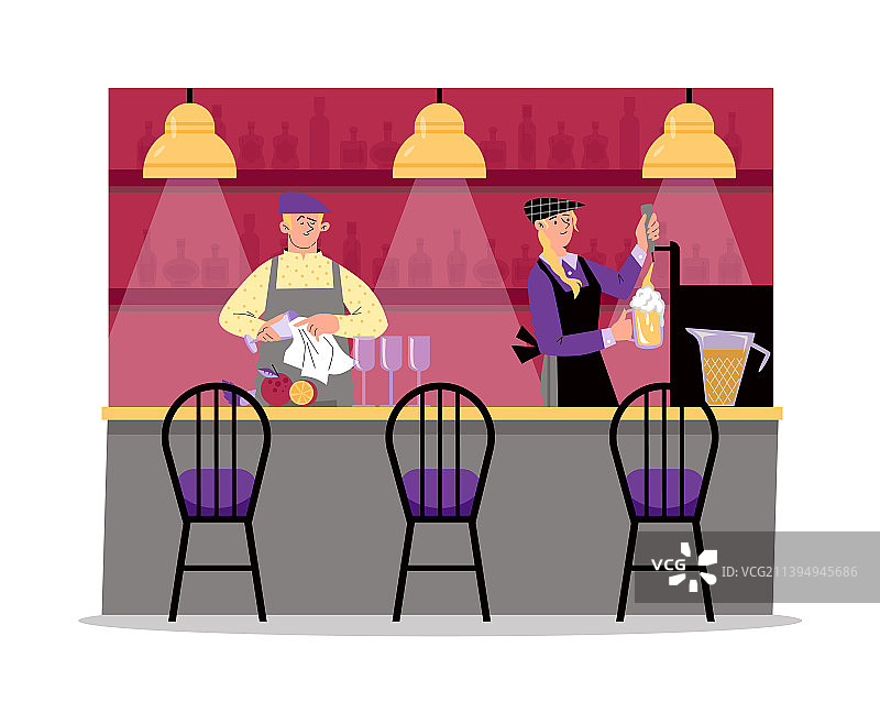 女调酒师倒啤酒，男调酒师擦拭吧台图片素材