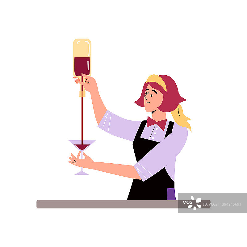 女调酒师倒葡萄酒扁平设计图片素材