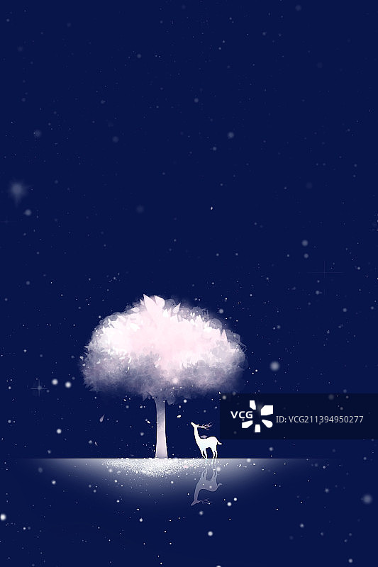 花树、麋鹿、唯美治愈系插画背景图片素材