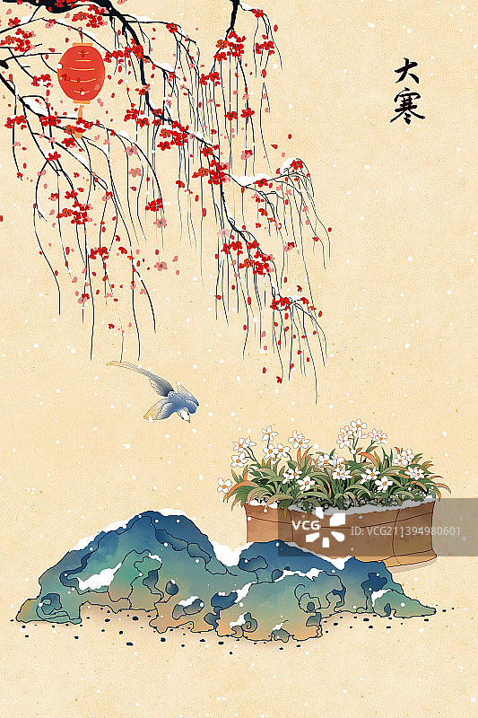 中国风水墨画雪天景色 假山梅花与水仙图片素材