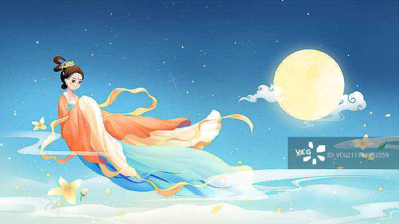 深蓝色唯美国风中秋佳节嫦娥仙子插画图片素材