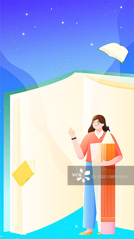 年轻的女孩抱着铅笔站在打开的书前矢量插画图片素材