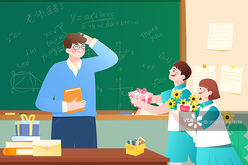 中学生在教室里给老师送花矢量插画横图图片素材