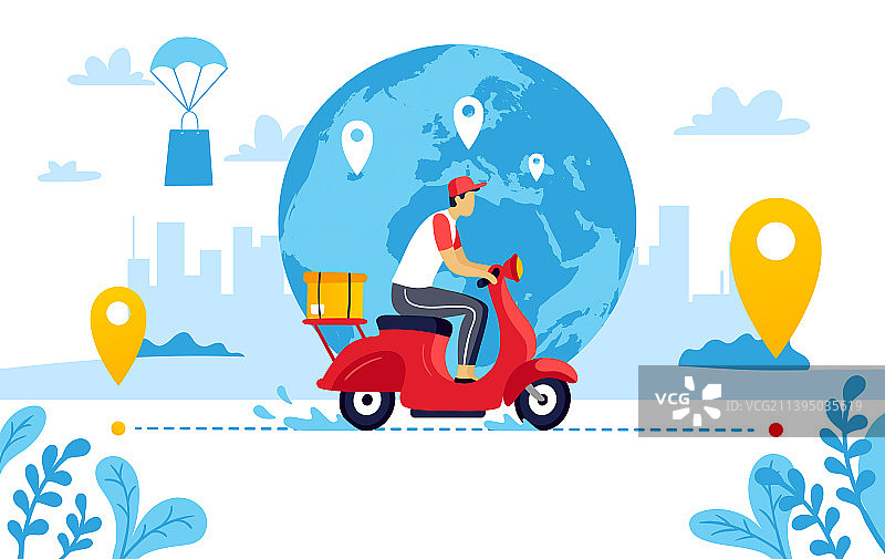 全球配送服务快递员骑摩托车图片素材