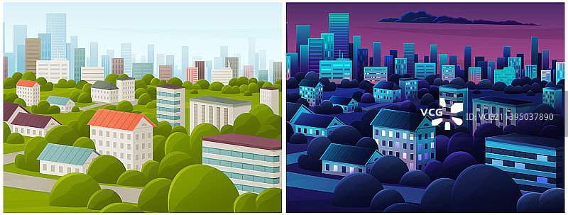城镇景观的昼夜场景设置图片素材