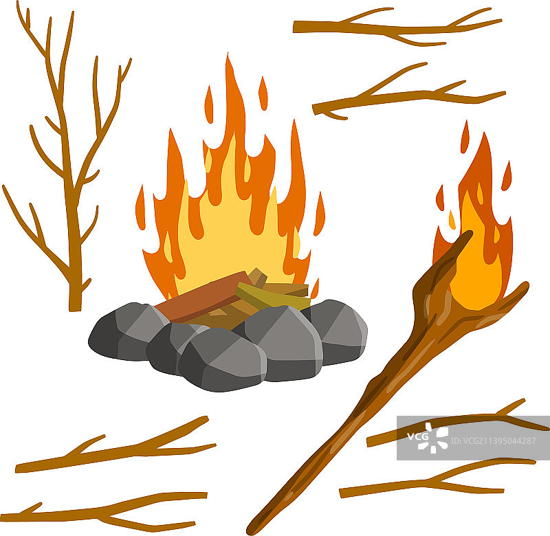树枝火焰和火炬套装图片素材