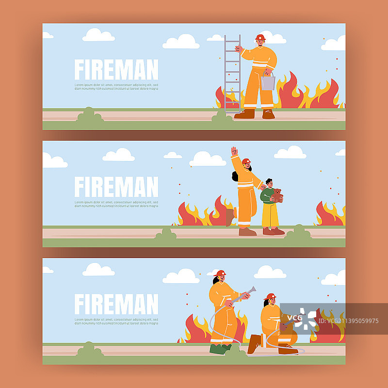带有消防队和水管的消防员海报图片素材