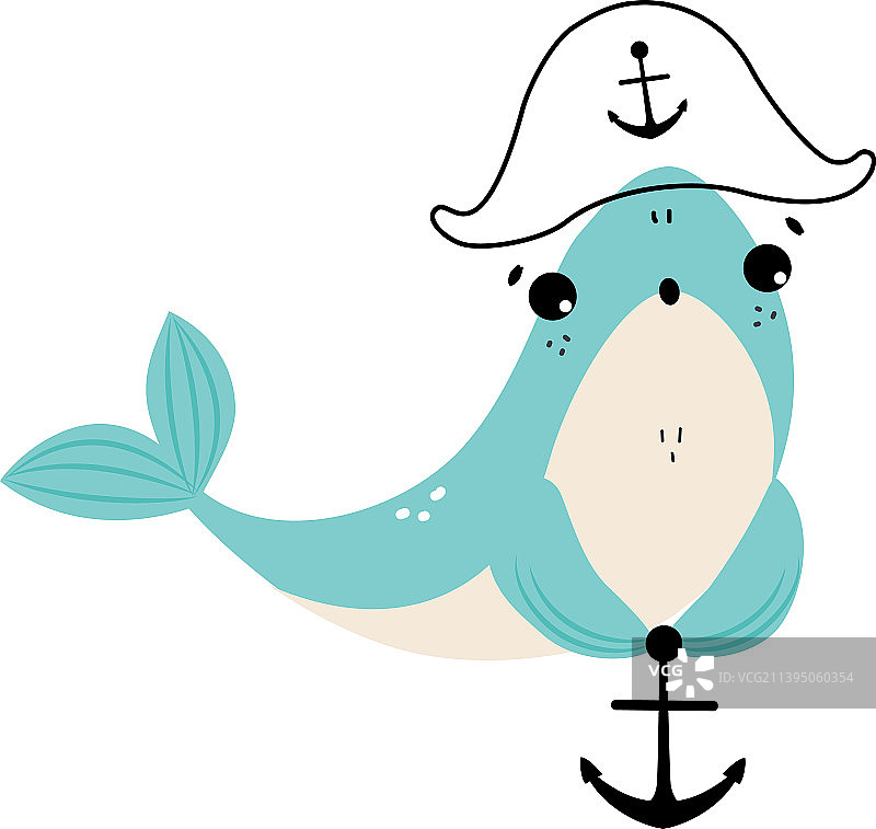 戴着水手帽和锚的蓝色漫画鲨鱼图片素材