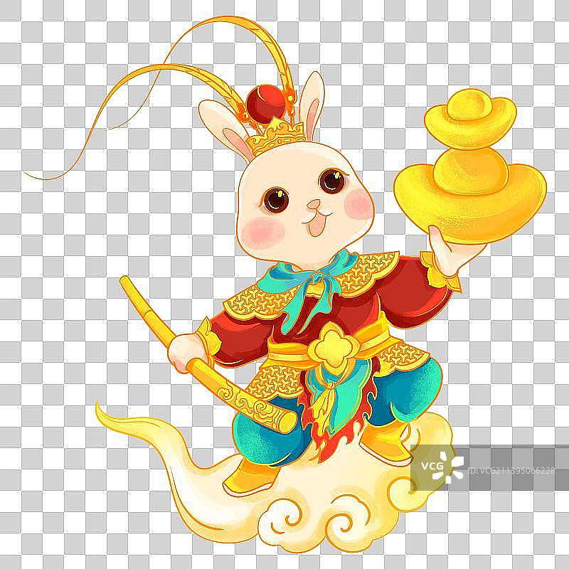兔年举着金元宝脚踏祥云喜迎新春的兔神仙图片素材