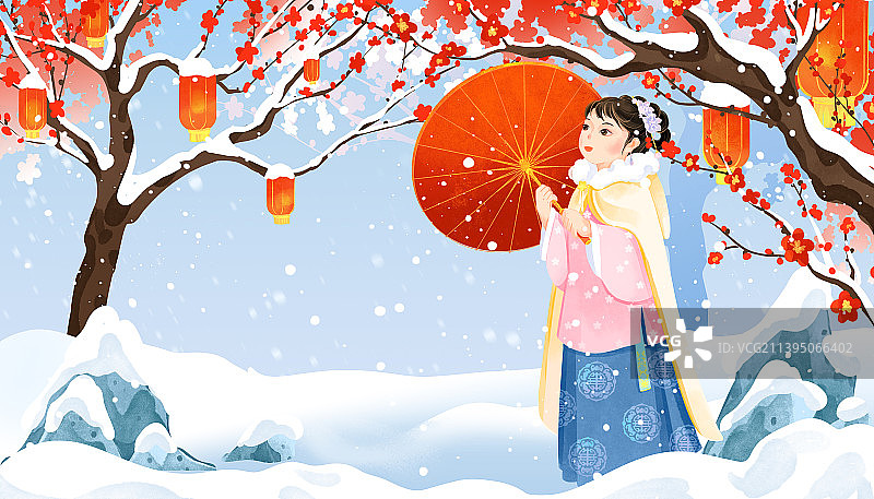 冬天大雪红梅树下赏雪的明朝少女国潮插画图片素材