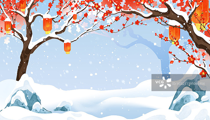 冬天大雪红梅树红灯笼雪地雪景国潮插画图片素材