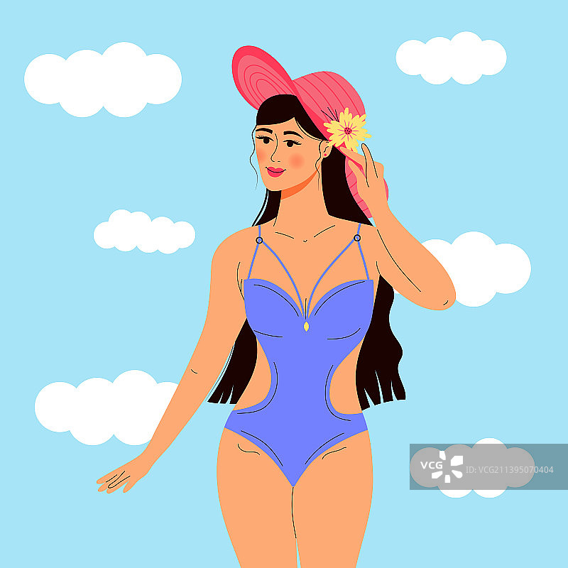 戴着帽子穿着泳衣的女人享受夏日假期图片素材