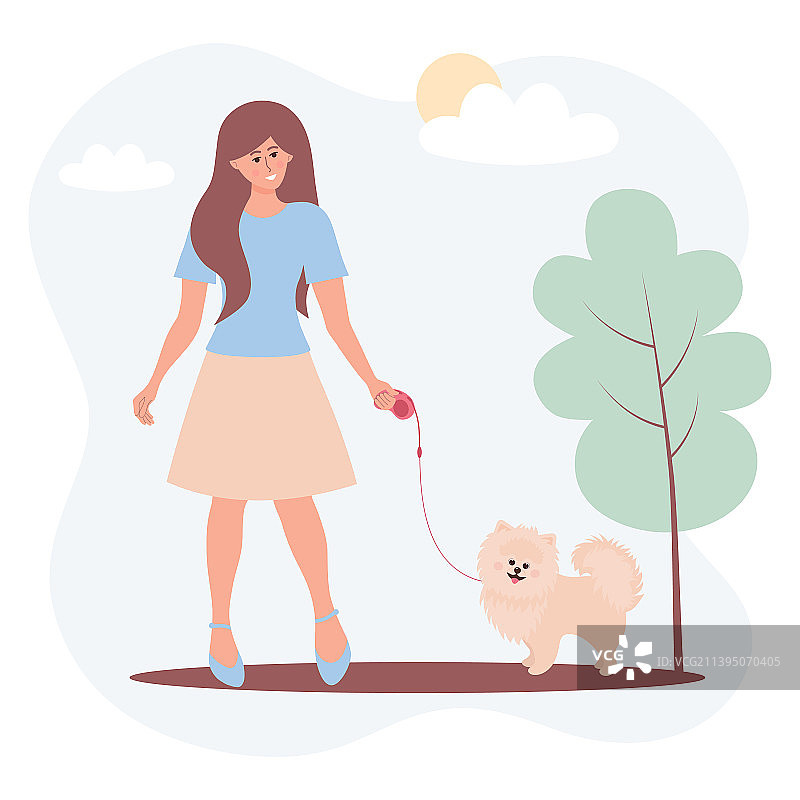 牵着宠物狗散步的女人图片素材