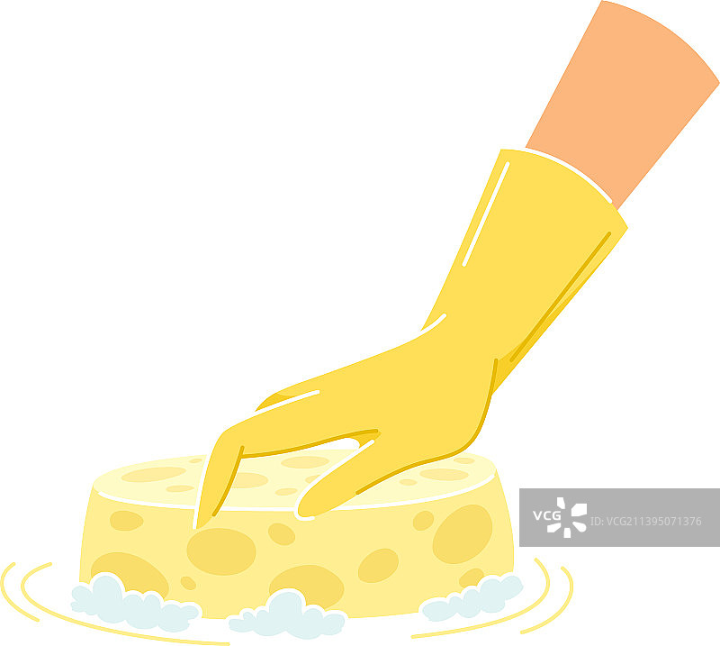 戴黄色手套的手用海绵清洁地板图片素材