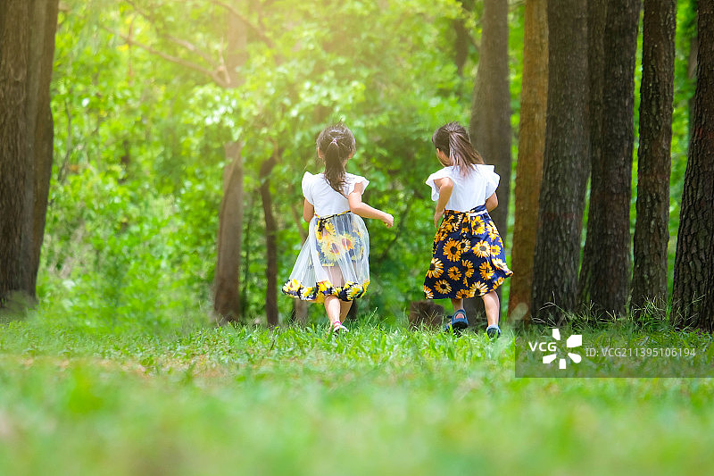 快乐的孩子们在泰国春天的花园里绿色的草地上玩耍图片素材