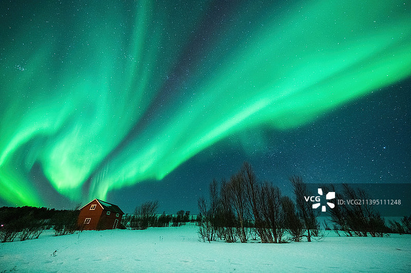 挪威雪地村庄丛林极光图片素材