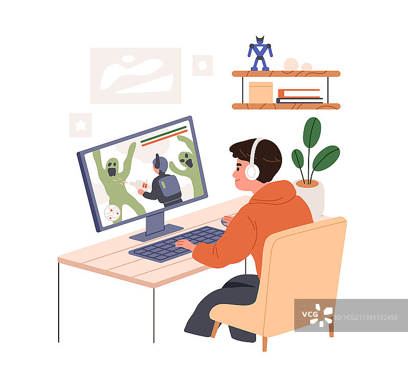 在电脑上玩在线游戏的儿童图片素材