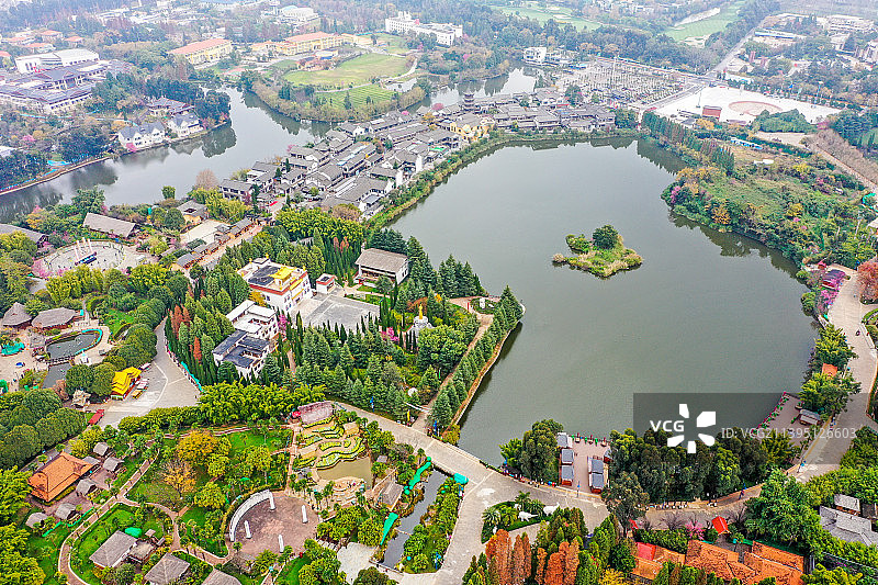 航拍云南民族村景区 昆明旅游目的地图片素材