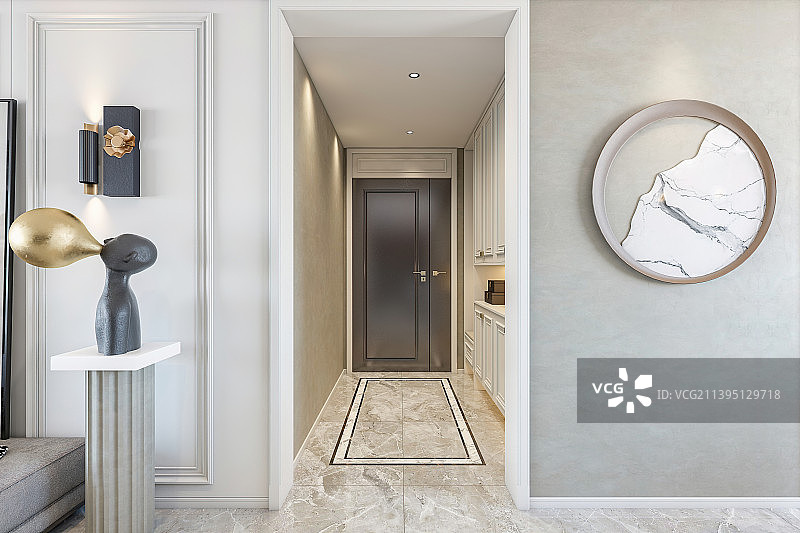 高端住宅现代简欧风格 室内入户门玄关门厅通顶鞋柜图片素材