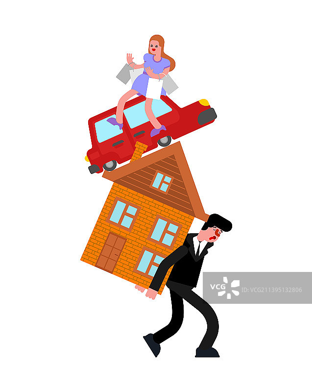 男人扛着房子、妻子和汽车，厌倦了付款图片素材