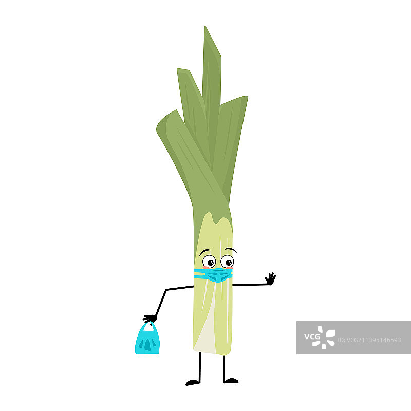 戴着医用口罩的可爱绿色韭菜角色图片素材