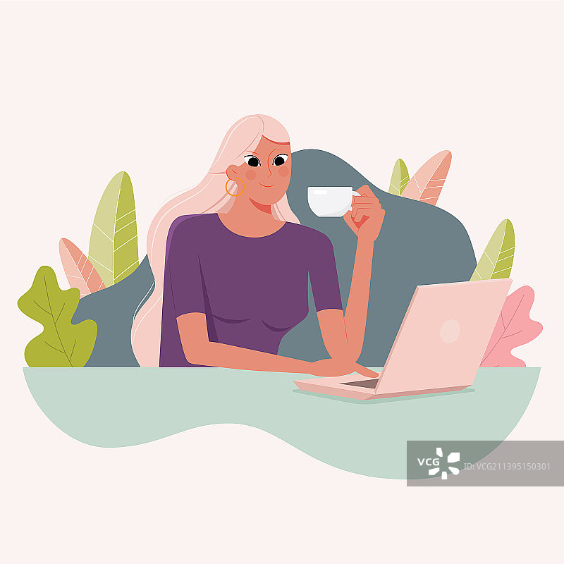 办公室里喝咖啡放松的职业女性图片素材