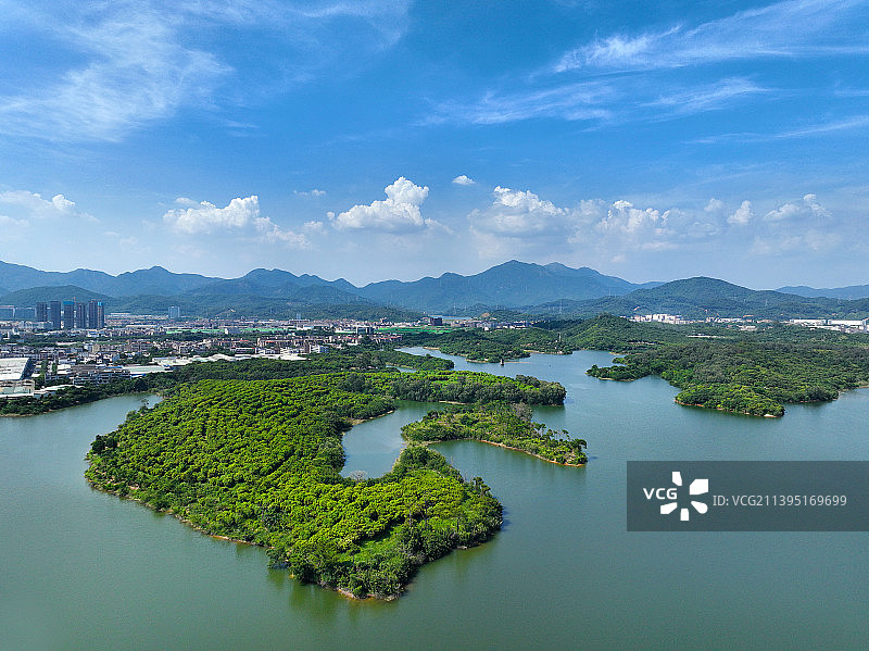 广东省东莞市清溪镇山水天地森林公园契爷石水库航拍图片素材