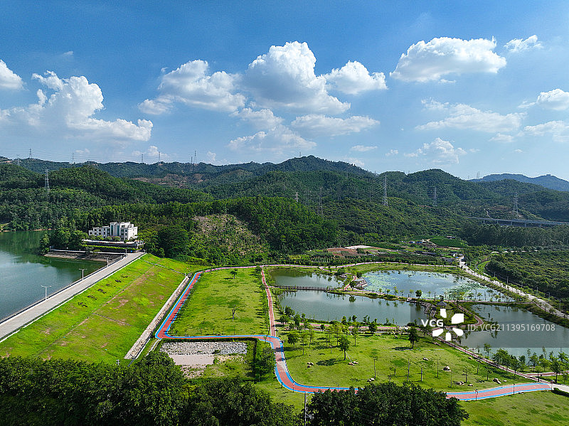 广东省东莞市清溪镇山水天地森林公园契爷石水库航拍图片素材