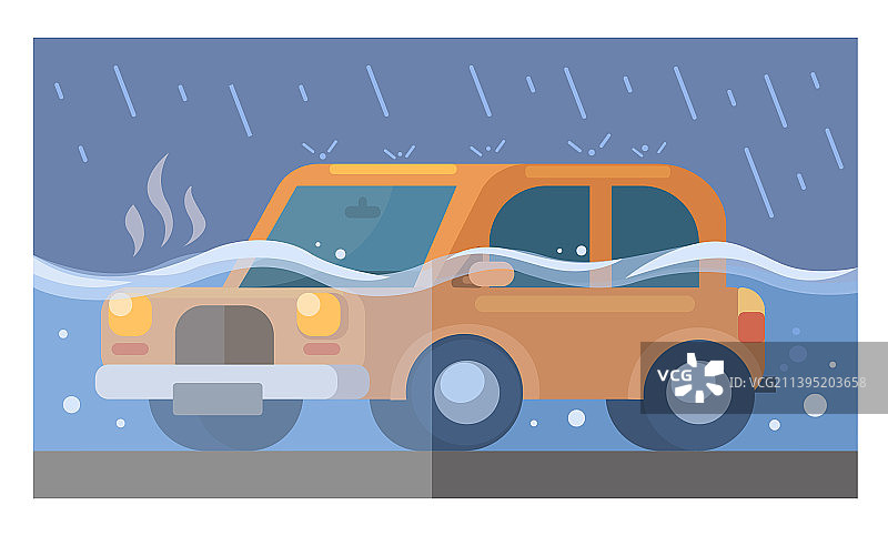 暴雨中被洪水淹没的汽车图片素材