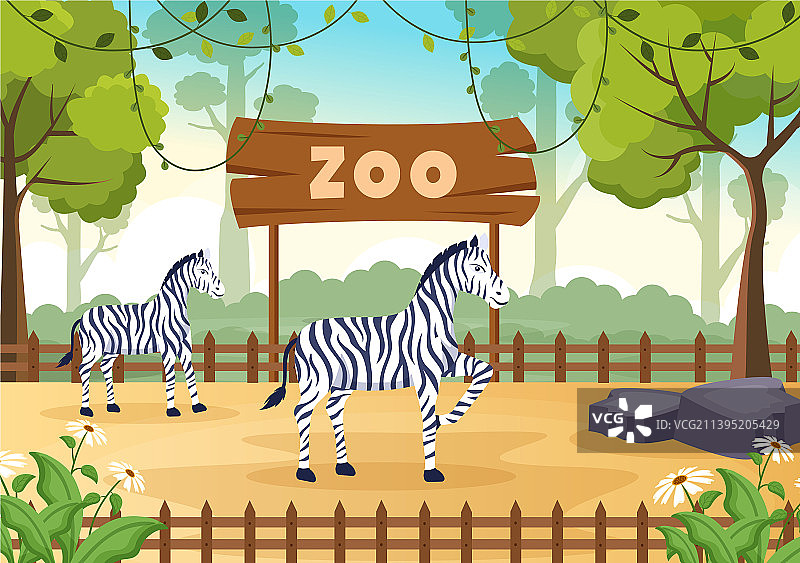 动物园卡通：斑马笼子等野生动物图片素材