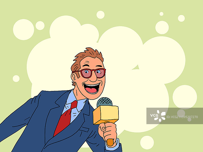 快乐的男人：一名记者正在使用麦克风图片素材