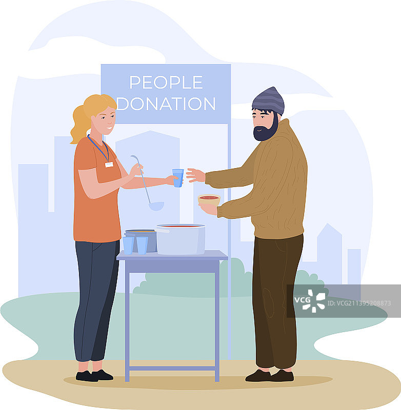 女志愿者帮助无家可归的男人，给予热饮图片素材