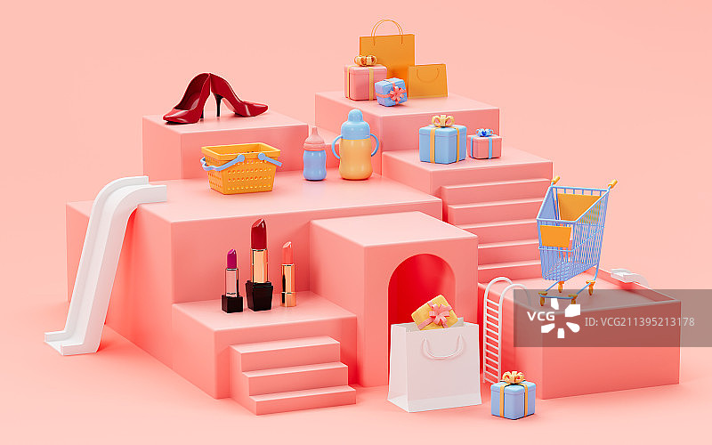 购物与商品展示台3D渲染图片素材
