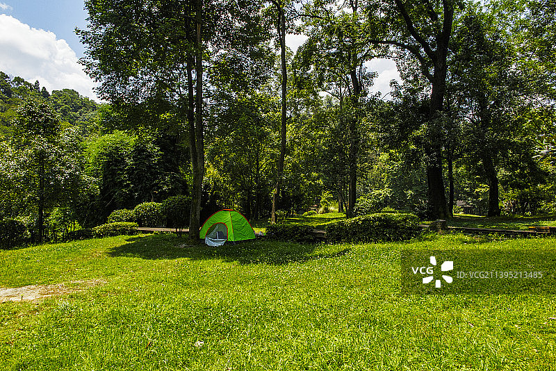 中国贵州贵阳小车河城市湿地公园、贵阳市南郊公园的夏日的阳光草坪、树和天空图片素材