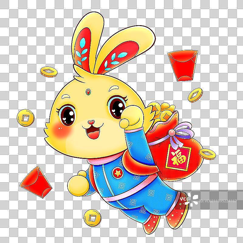 国潮兔年春节背福袋的兔子超人图片素材