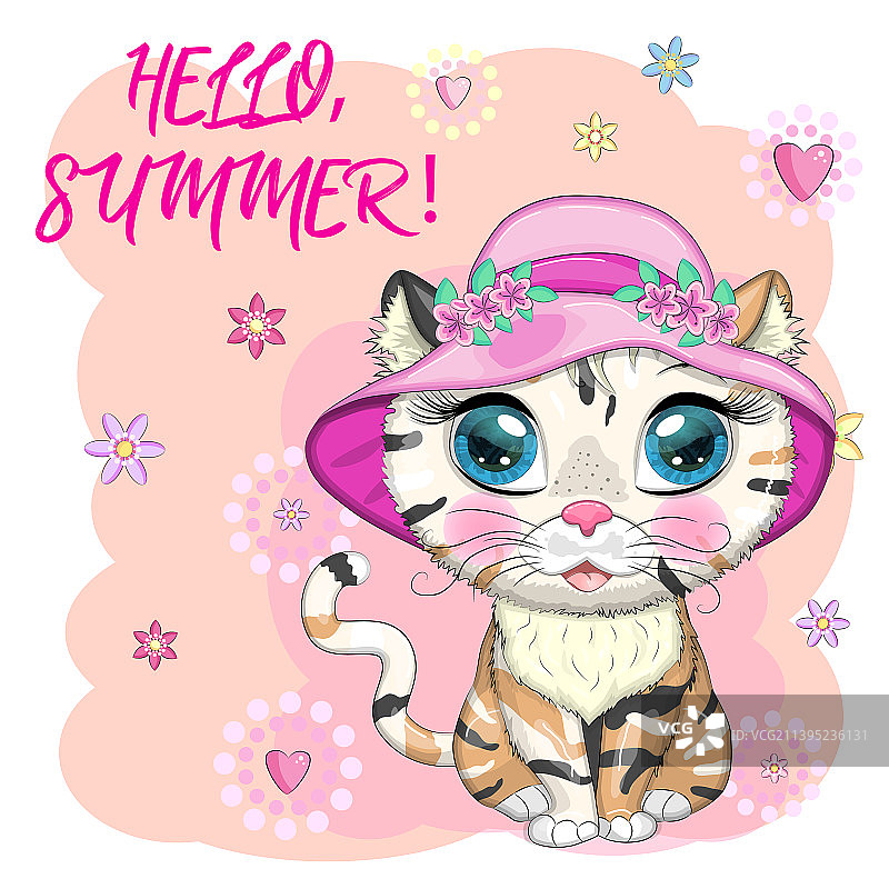 卡通猫咪戴花帽子夏季度假图片素材