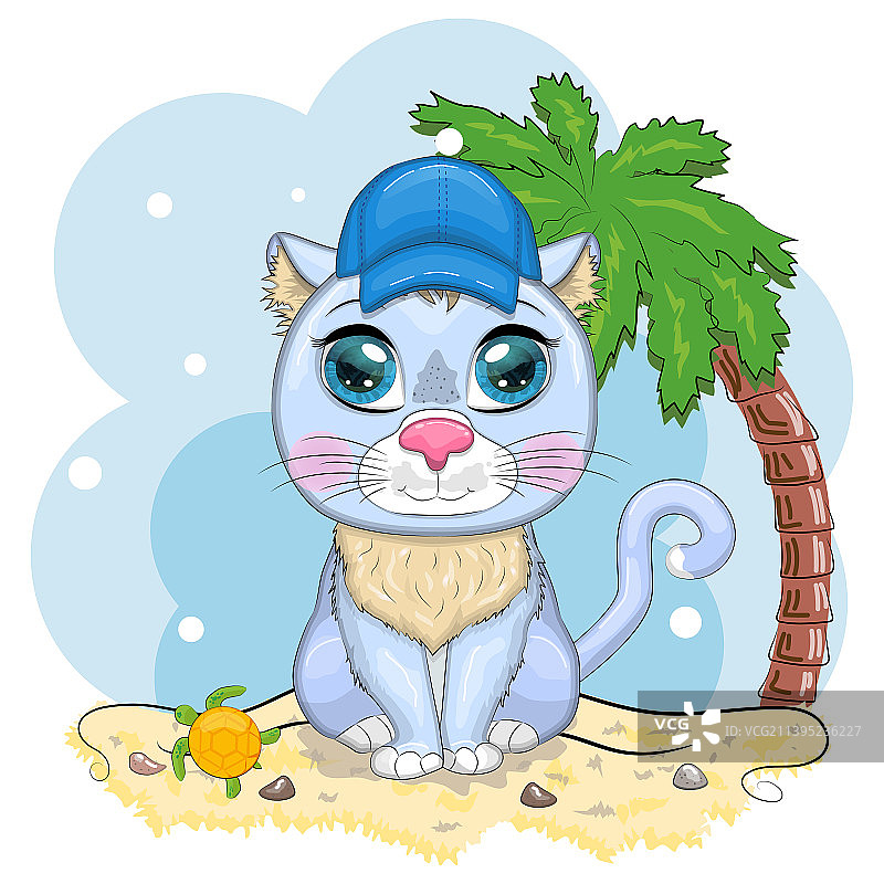 卡通猫咪戴花帽子夏季度假图片素材