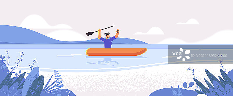 女人划着小船，女孩划着独木舟图片素材