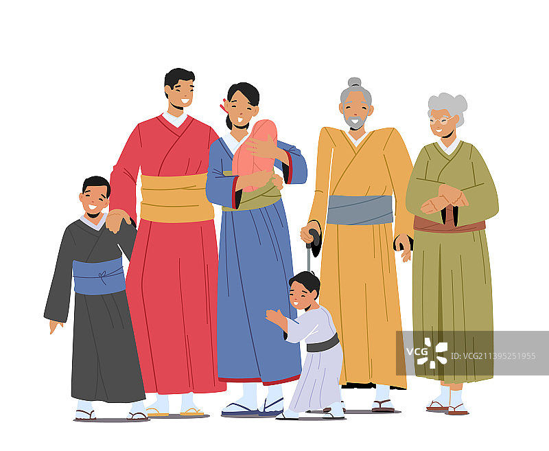 幸福的亚洲家庭微笑，包括年轻人和老年男性图片素材