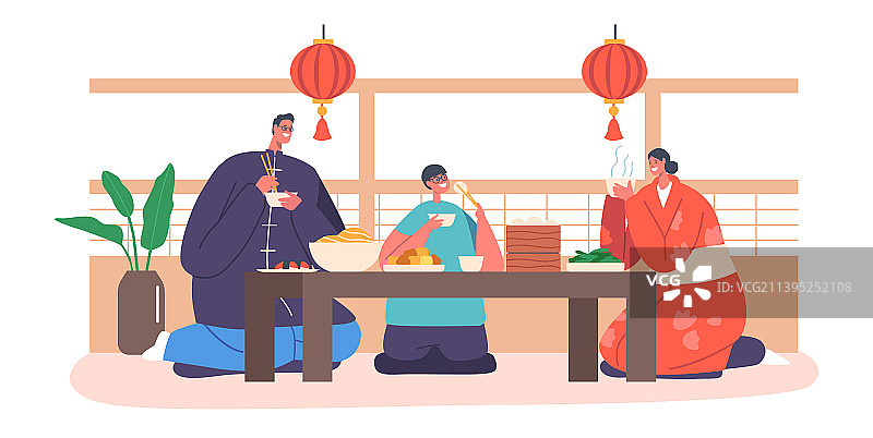 快乐的传统亚洲家庭父母和孩子图片素材