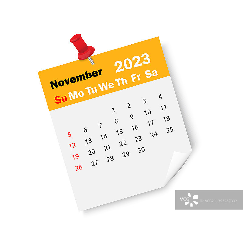 2023年11月橙色日历与图钉图片素材