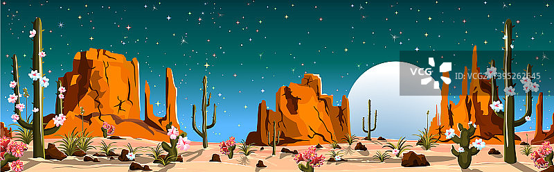 沙漠中月光下的夜景与盛开的仙人掌图片素材