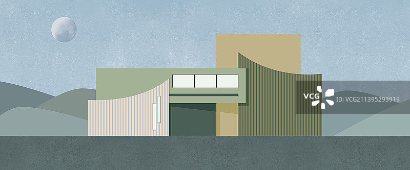 手绘室外场景，扁平化建筑插画，绿色生态环境，模拟3D渲染图片素材