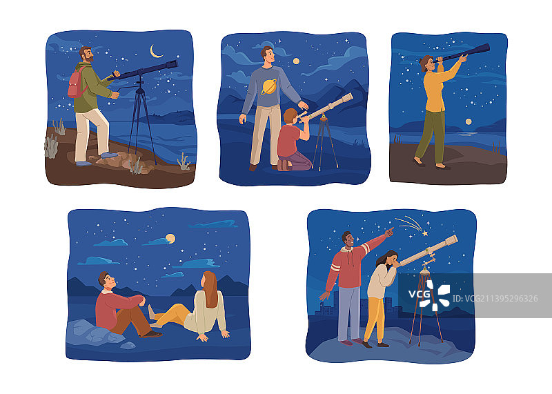 人们使用望远镜观看星空图片素材