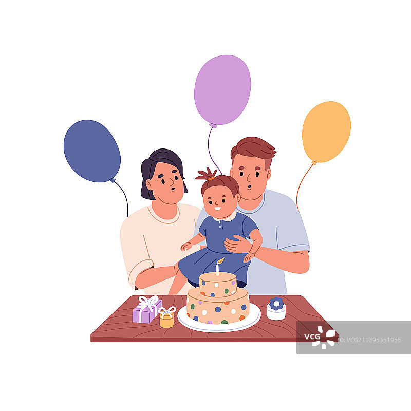 父母和孩子庆祝女孩生日图片素材